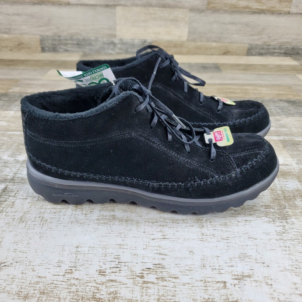 Skechers Womens High Top Shoes Sz 10 Black Suede Faux Fur Lined Lace Up Moc Toe